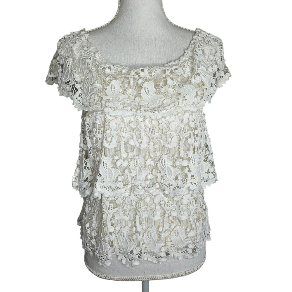 Miguelina Womens Ivory Tiered Lace Off The Shoulder Blouse Cotton Silk SZ‎ S